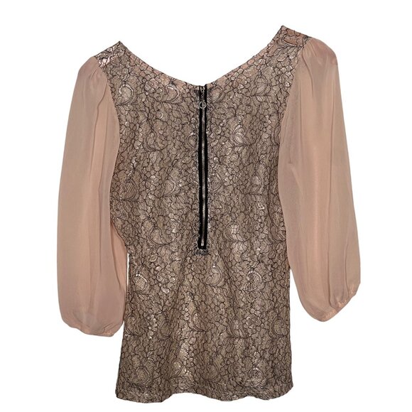 ISSI Medium Lace Top With Sheer Puff Sleeves  Back Zipper Neutral Beige & Black - Picture 2 of 12
